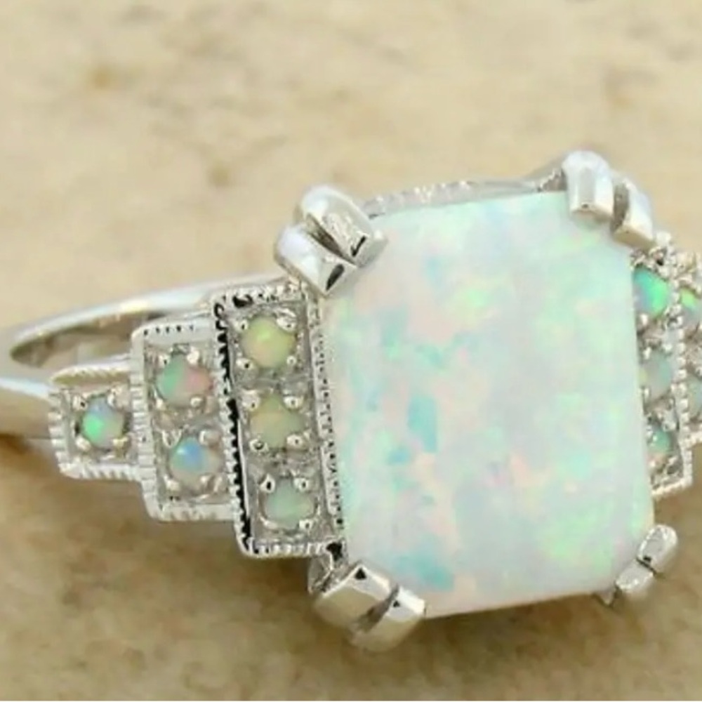 Silver Opal Statement Ring - White Opalescent